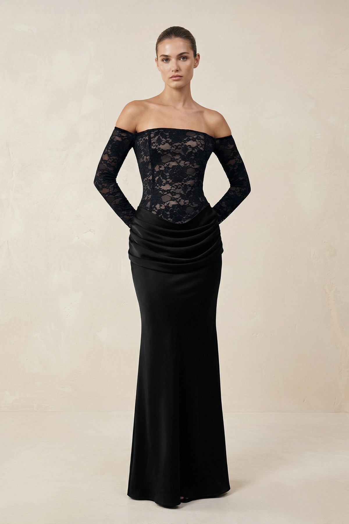 Off-the-Shoulder Lace Ruched Sheath Maxi Dress With Sleeves in Black