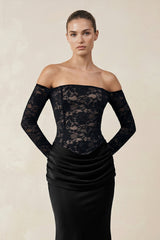 Off-the-Shoulder Lace Ruched Sheath Maxi Dress With Sleeves in Black