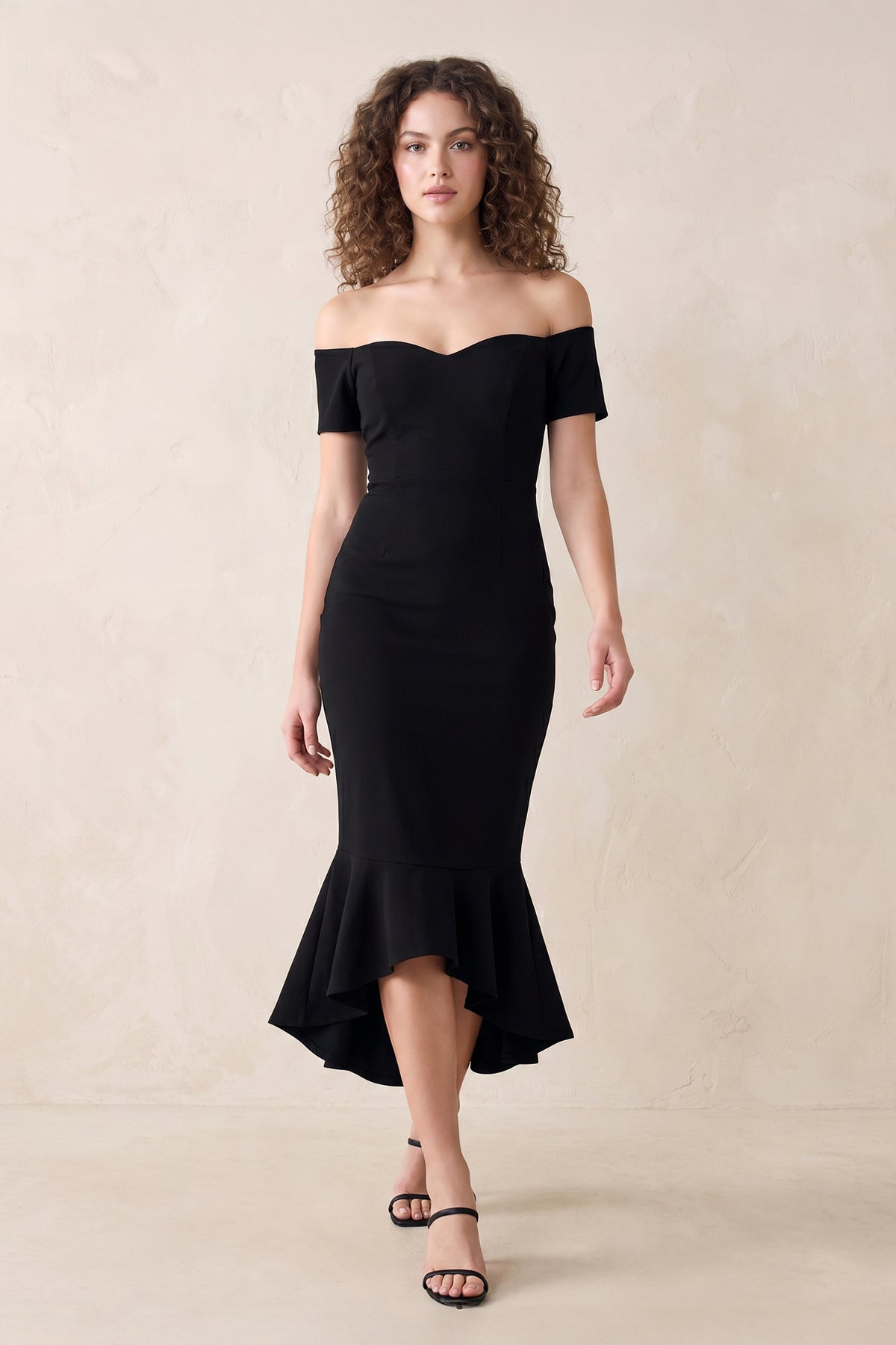 Off-the-shoulder Mermaid Midi Dress in Black