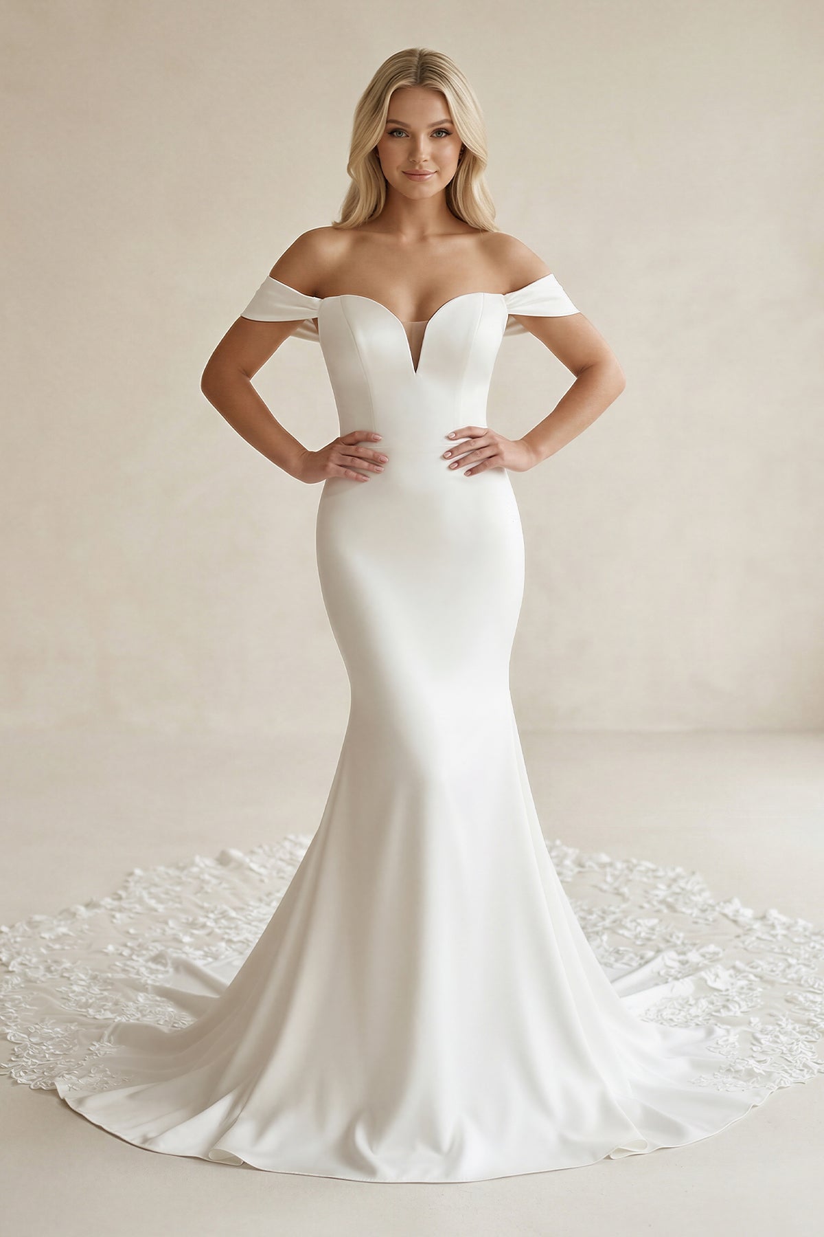 Off-the-Shoulder Mermaid Satin Lace Wedding Dress in White