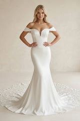 Off-the-Shoulder Mermaid Satin Lace Wedding Dress in White