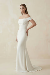 Off-the-Shoulder Mermaid Satin Pleated Wedding Dress in White