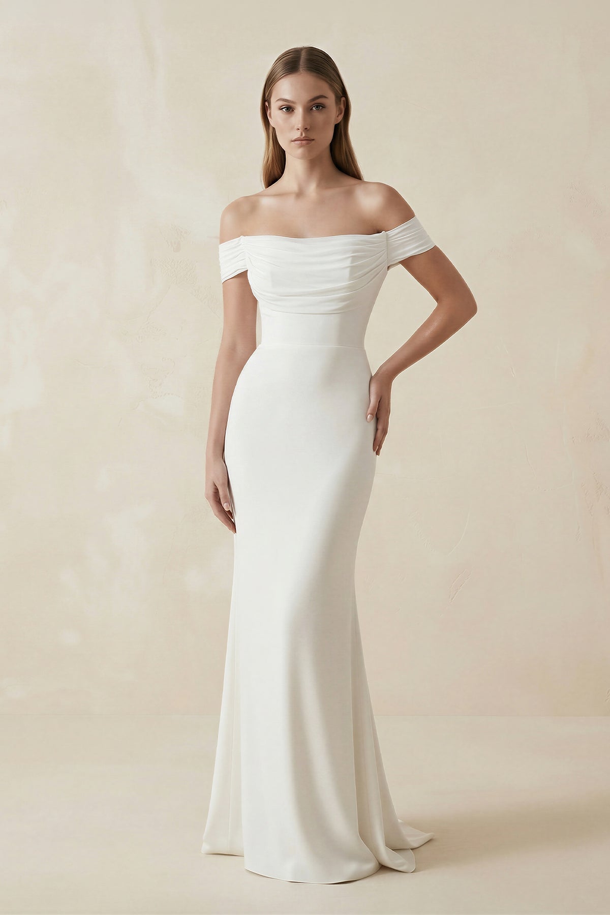 Off-the-Shoulder Mermaid Satin Pleated Wedding Dress in White