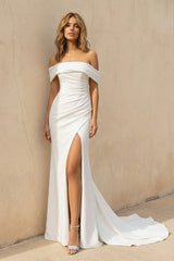 Off The Shoulder Mermaid Satin Wedding Dress With Slit in White