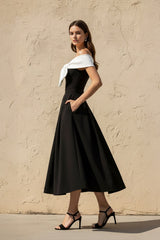 Off The Shoulder Midi Dress With Bow in Black and White