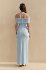 Off The Shoulder Pleated Maxi Dress in Sky Blue