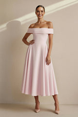 Off The Shoulder Pleated Midi Dress in Pink