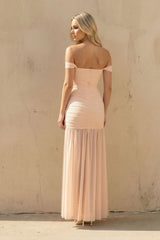 Off The Shoulder Ruched Maxi Dress in Peach