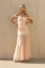 Off The Shoulder Ruched Maxi Dress in Peach