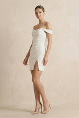Off The Shoulder Satin Sheath Wedding Dress in Ivory