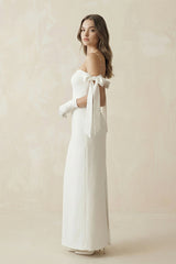 Off The Shoulder Satin Sheath Wedding Dress with Pearl in White