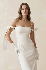 Off The Shoulder Satin Sheath Wedding Dress with Pearl in White