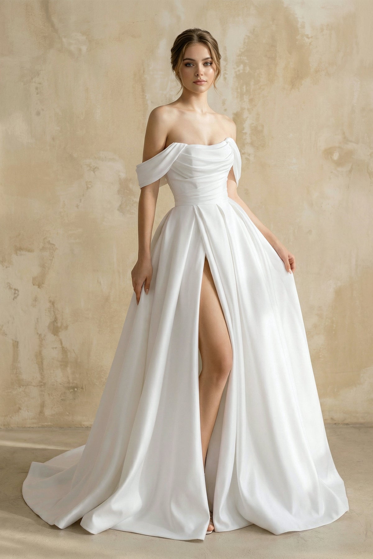 Off The Shoulder Satin Wedding Dress With Slit in White