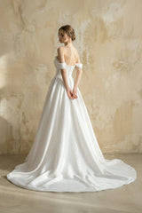 Off The Shoulder Satin Wedding Dress With Slit in White