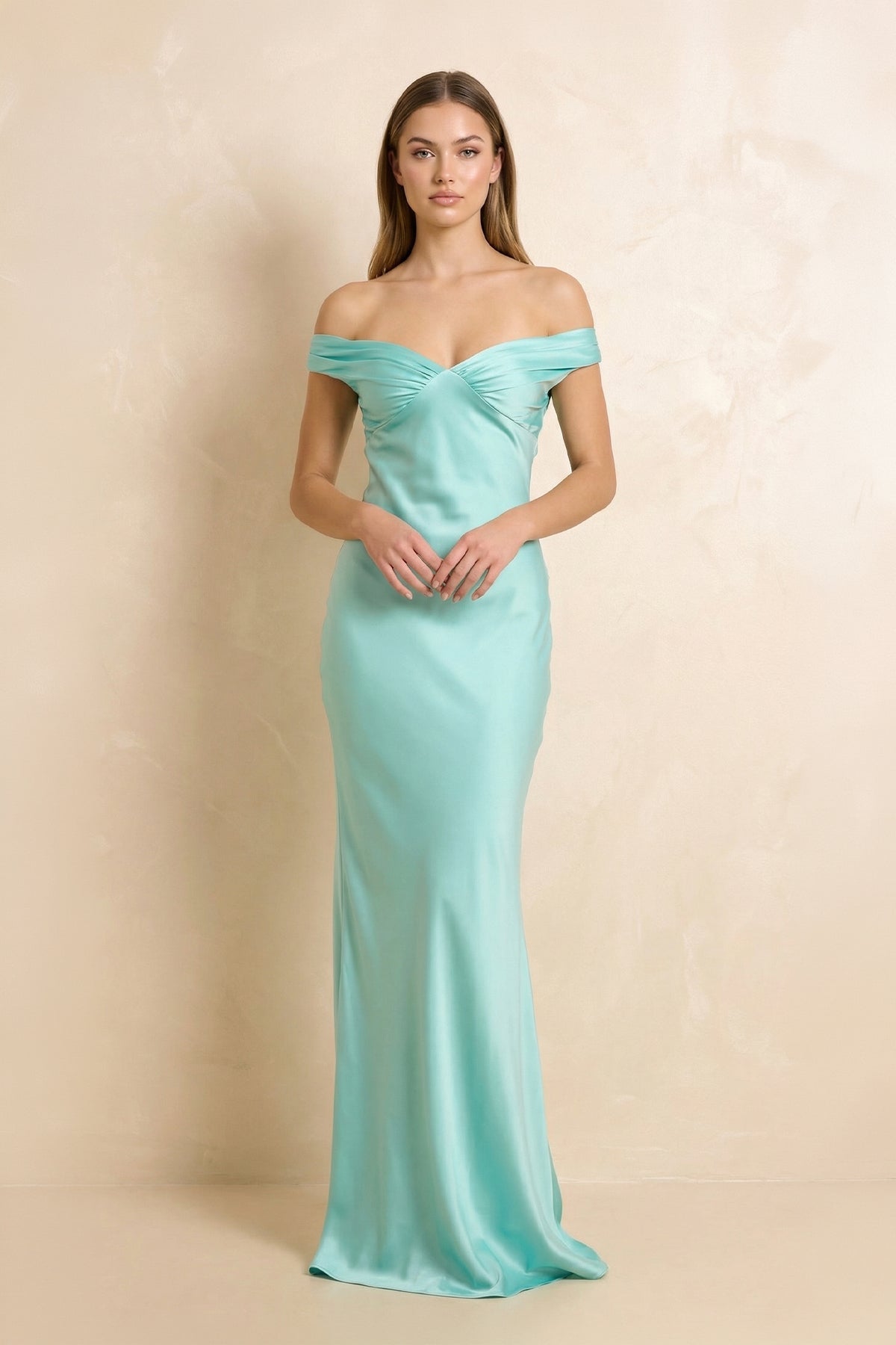 Off The Shoulder Sheath Open Back Maxi Dress in Aqua