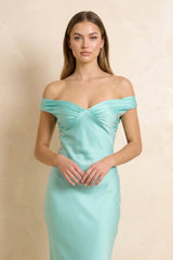 Off The Shoulder Sheath Open Back Maxi Dress in Aqua