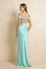 Off The Shoulder Sheath Open Back Maxi Dress in Aqua