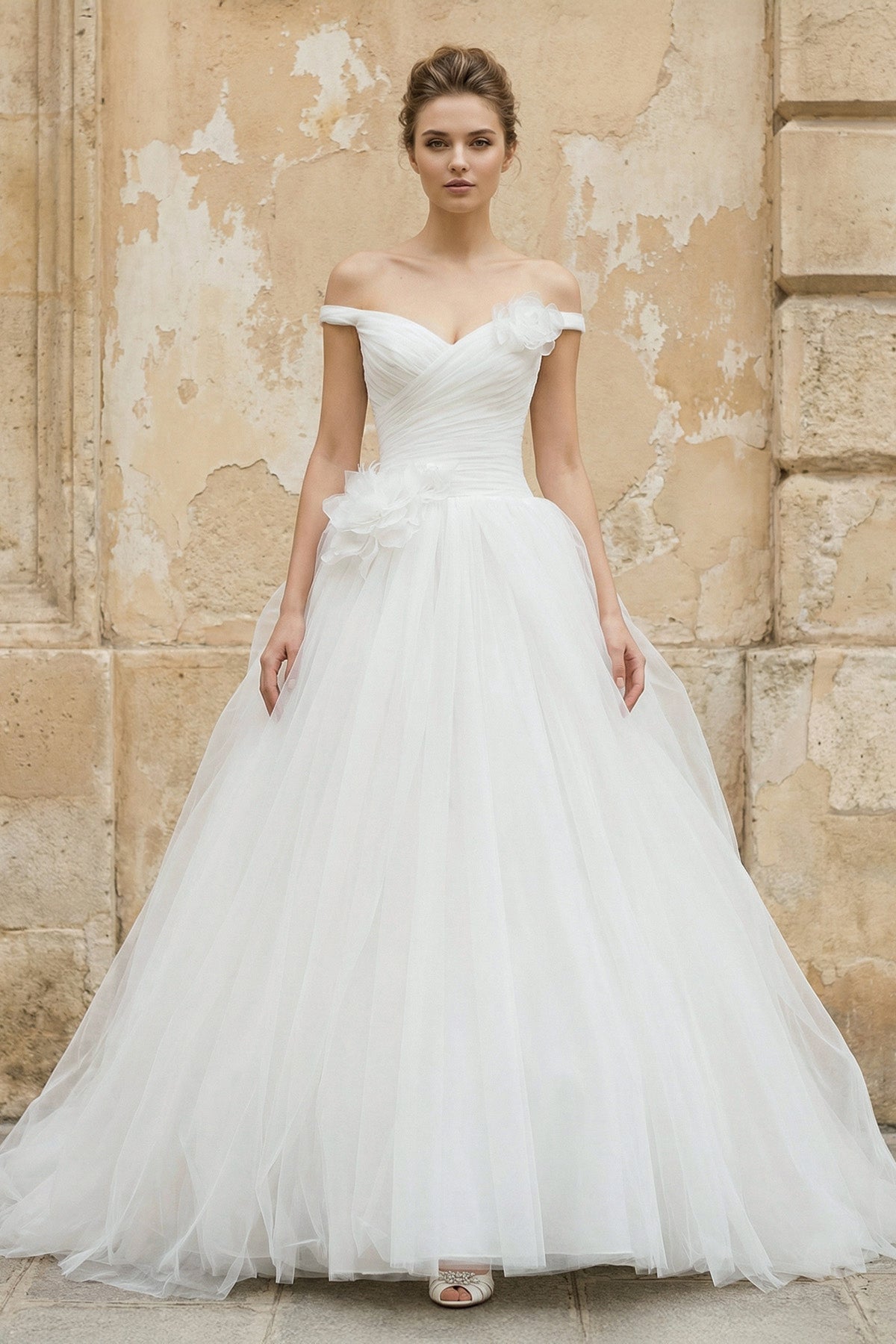 Off The Shoulder Tulle Ball Gown With Floral in White