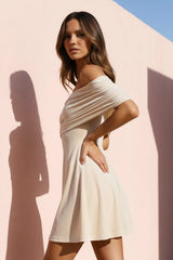 Off The Shoulder Velvet Mini Dress in Champagne