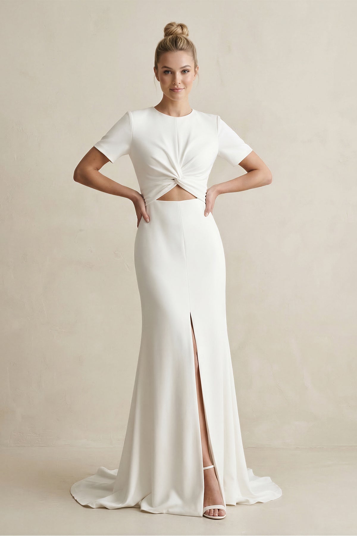 High Neck Sheath Satin Short Sleeve Wedding Dress in White