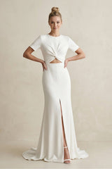 High Neck Sheath Satin Short Sleeve Wedding Dress in White