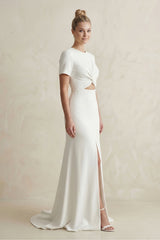 High Neck Sheath Satin Short Sleeve Wedding Dress in White