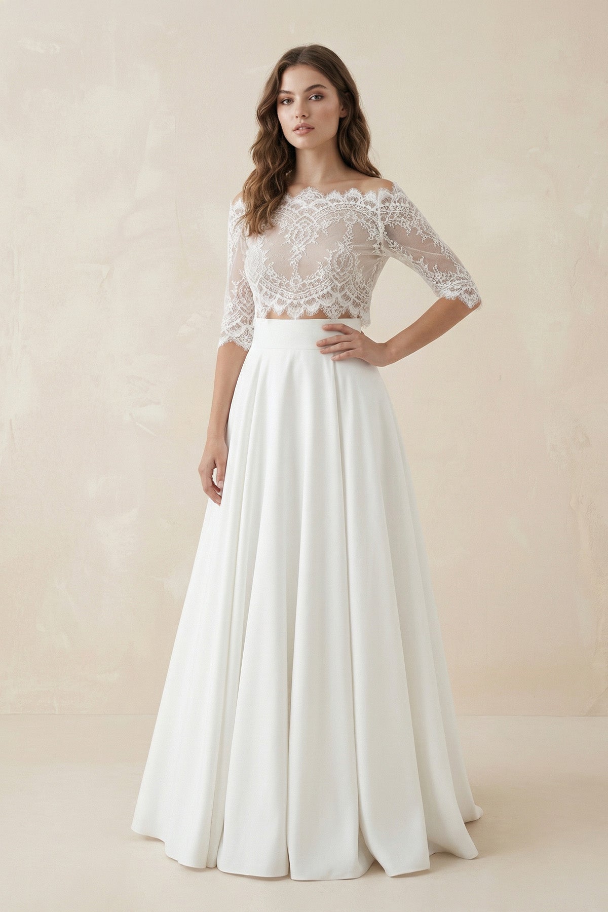 Lace Two Piece A Line Satin Wedding Dress in Ivory