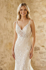 Lace V Neck Mermaid Wedding Dress in White and Nude