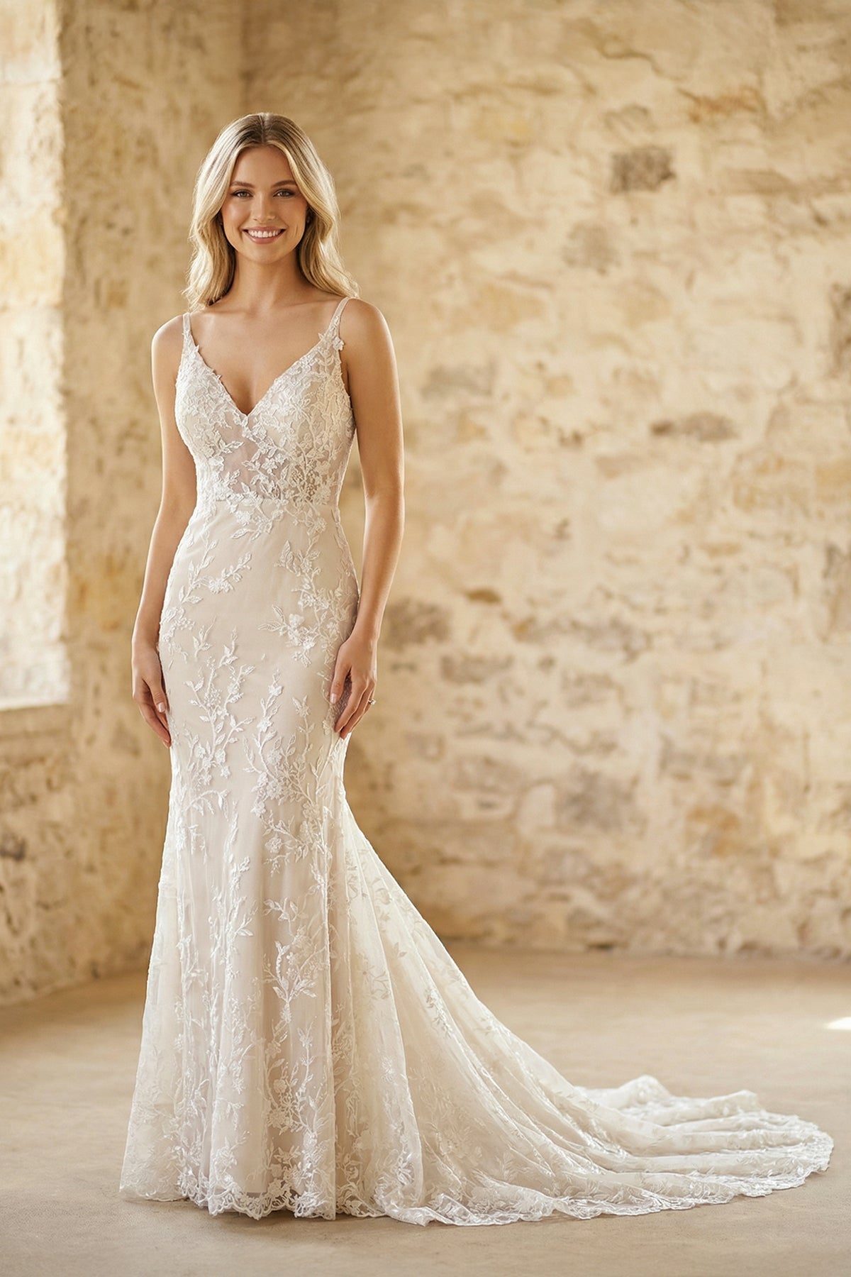 Lace V Neck Mermaid Wedding Dress in White and Nude