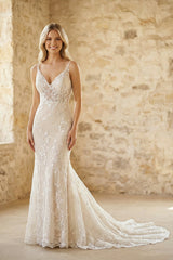 Lace V Neck Mermaid Wedding Dress in White and Nude