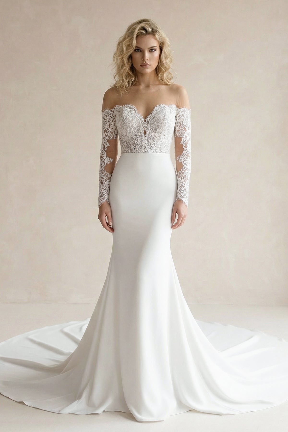 Off-the-Shoulder Lace Satin Mermaid Wedding Dress