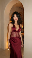 Ravena Lace Satin Detail Halter Maxi Dress - Red